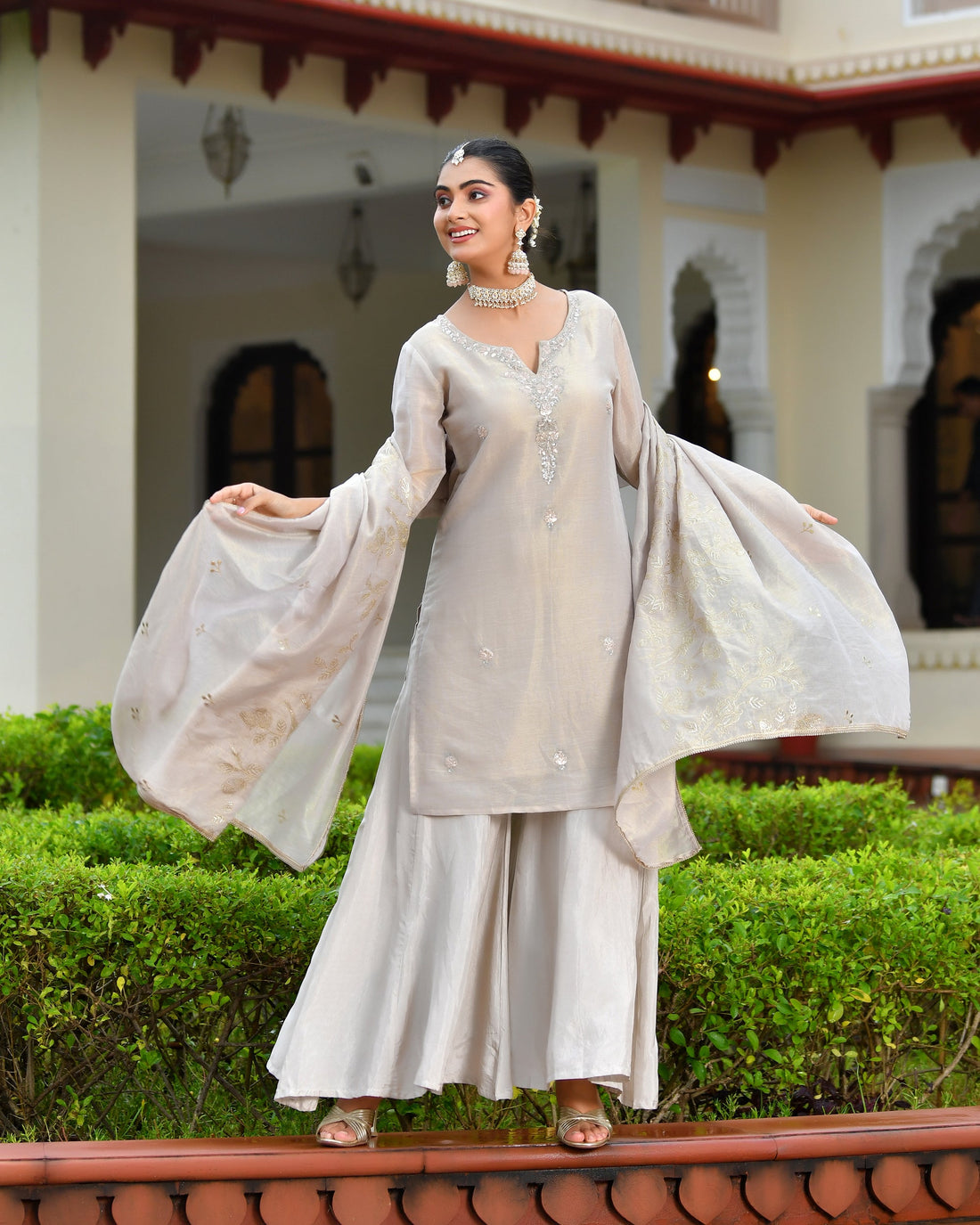 Vanya Tissue Shimmer Kurta Sharara Set with Dupatta - GREY