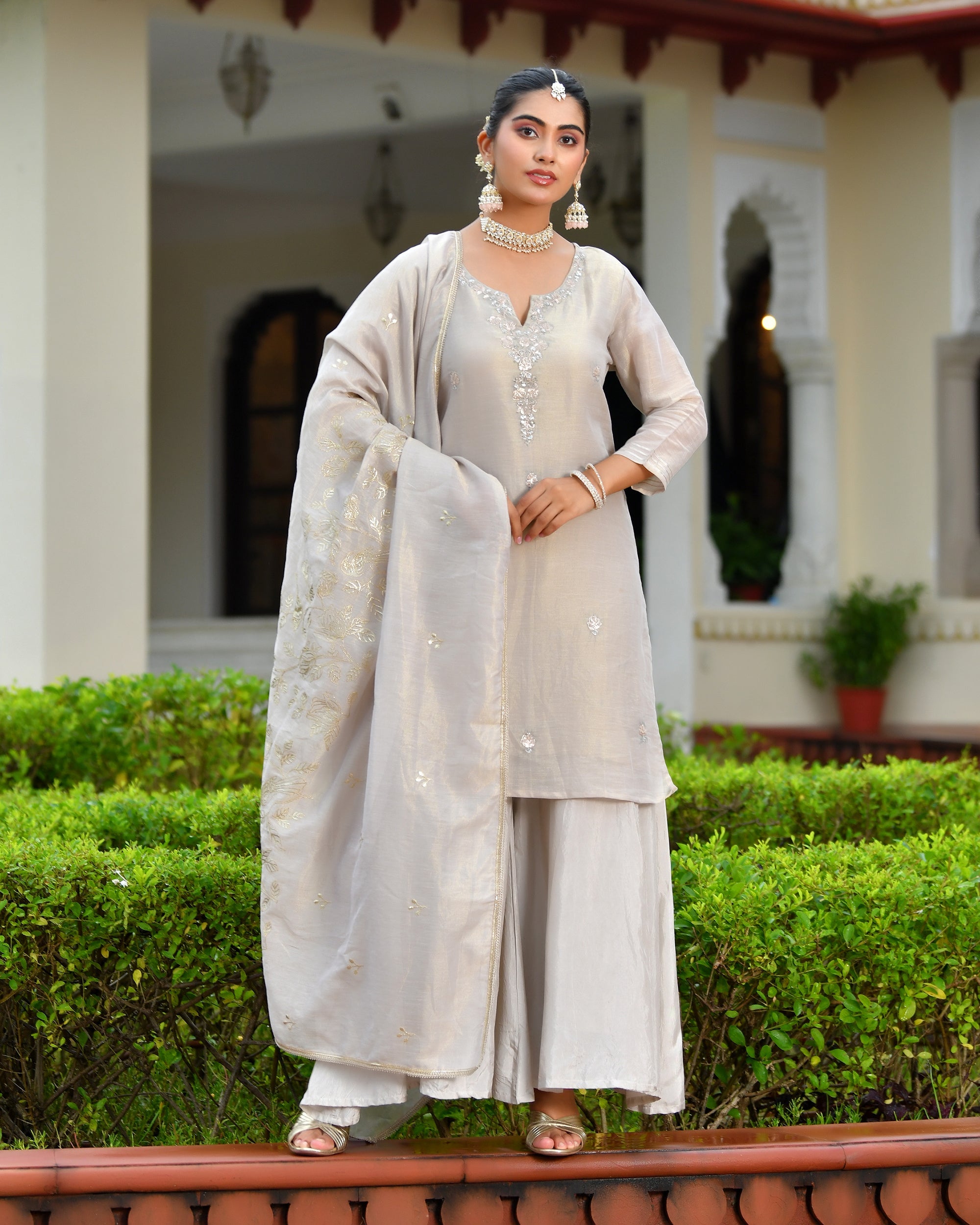 Vanya Tissue Shimmer Kurta Sharara Set with Dupatta - GREY