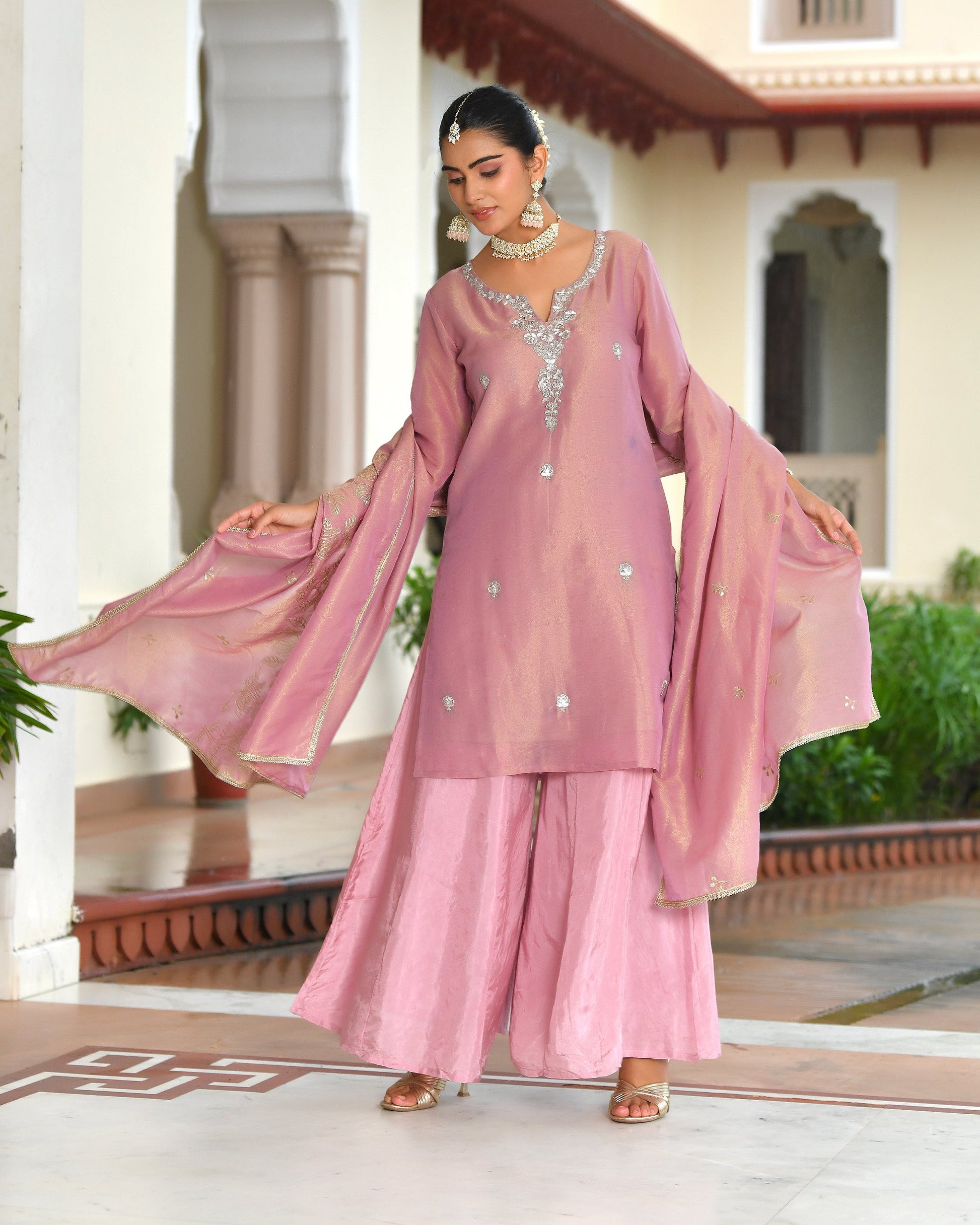 Vanya Tissue Shimmer Kurta Sharara Set with Dupatta - DUSTY PINK