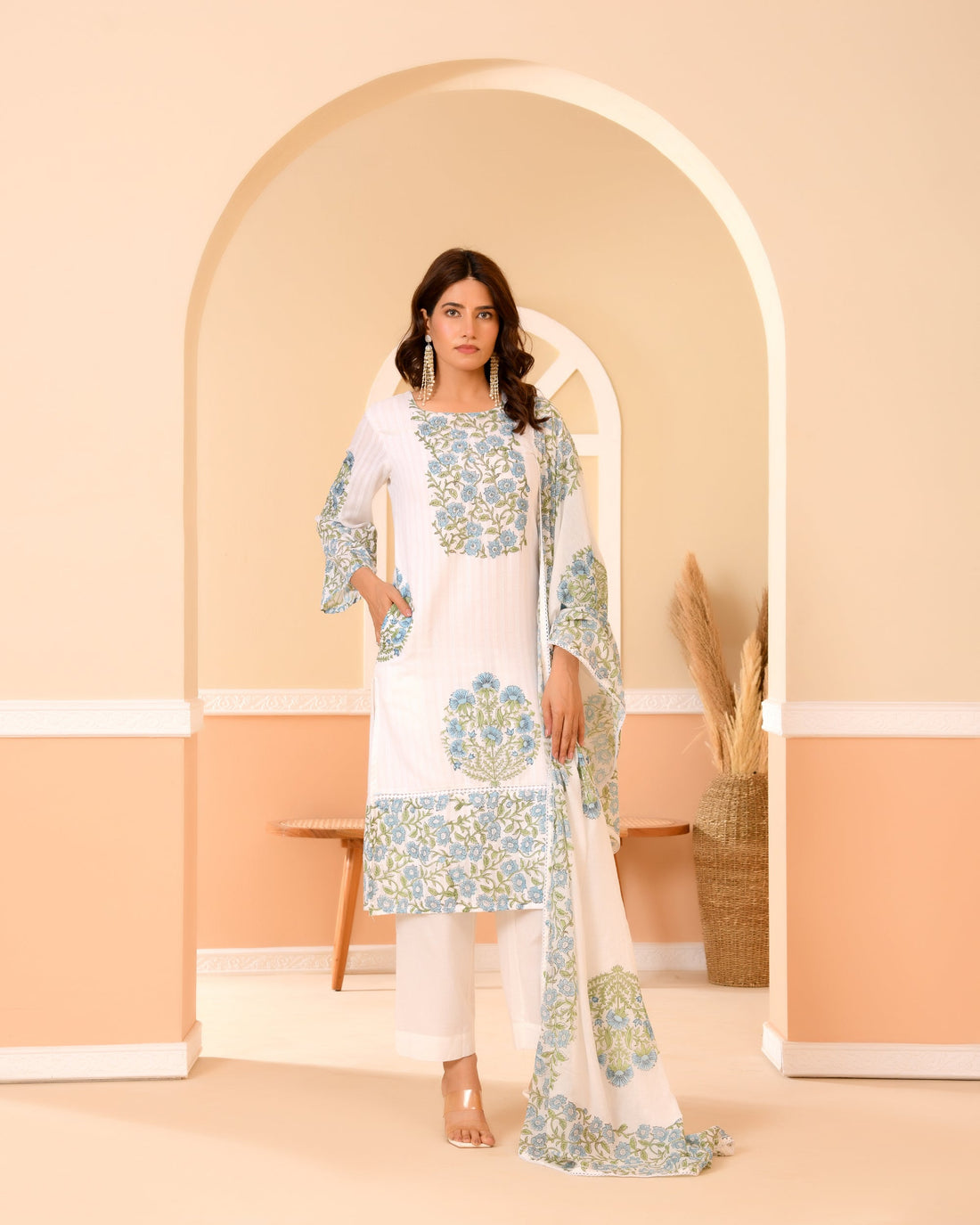 Aarohi — Ivory Blue Floral Hand-Block Cotton Kurta Set