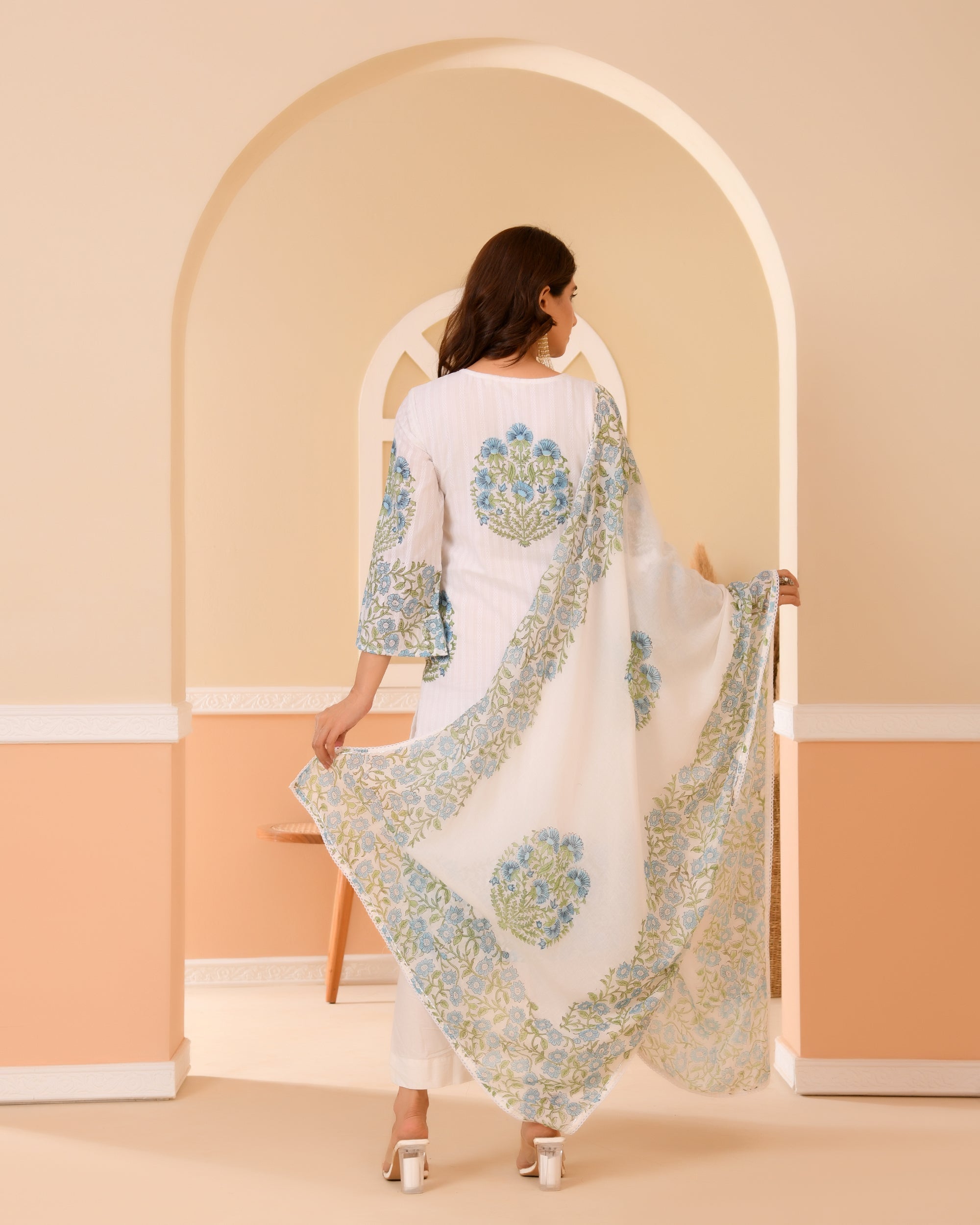 Aarohi — Ivory Blue Floral Hand-Block Cotton Kurta Set