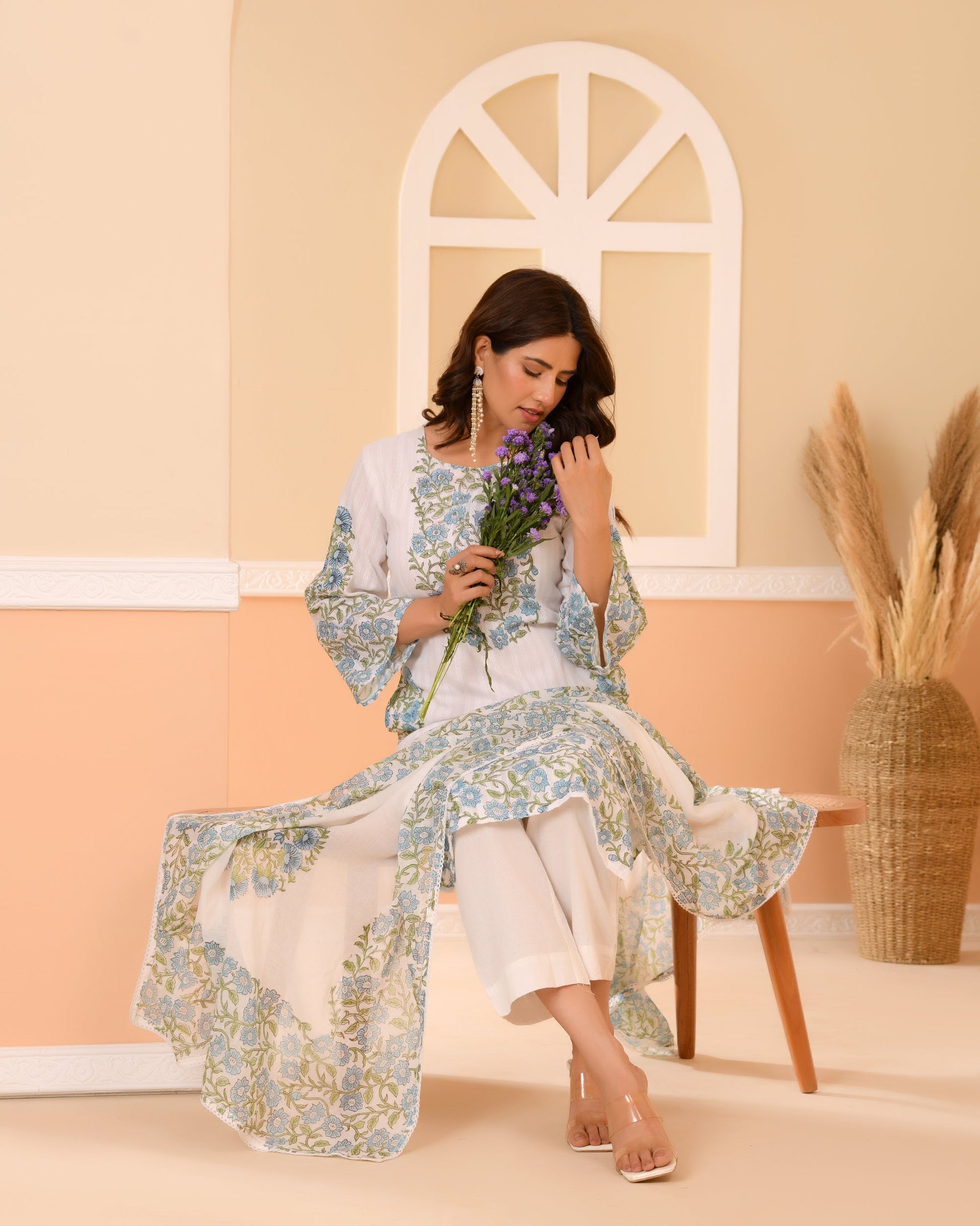 Aarohi — Ivory Blue Floral Hand-Block Cotton Kurta Set
