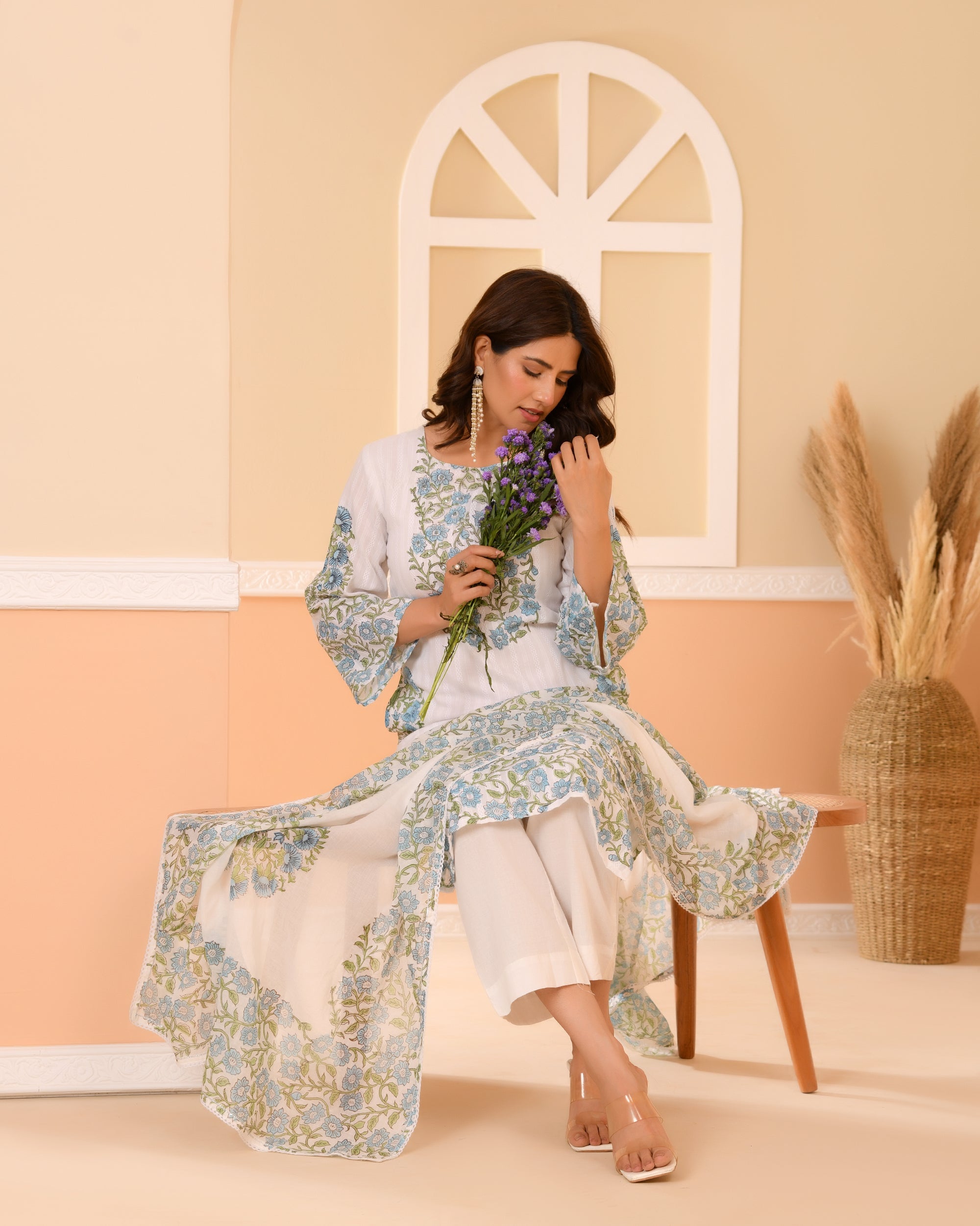 Aarohi — Ivory Blue Floral Hand-Block Cotton Kurta Set