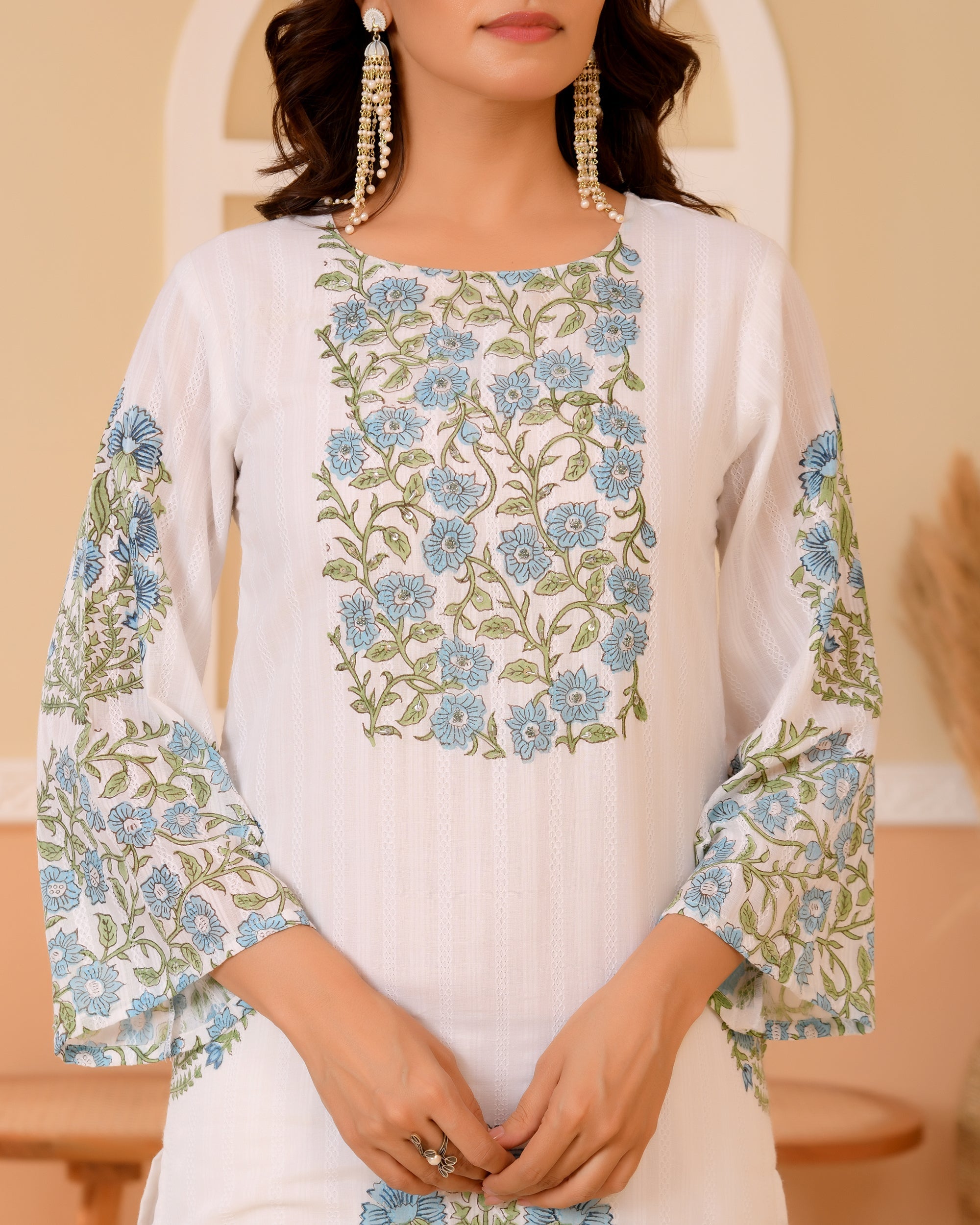Aarohi — Ivory Blue Floral Hand-Block Cotton Kurta Set