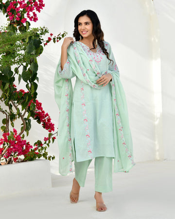 Ruhani Floral Cotton Kurta Set - AQUA MINT