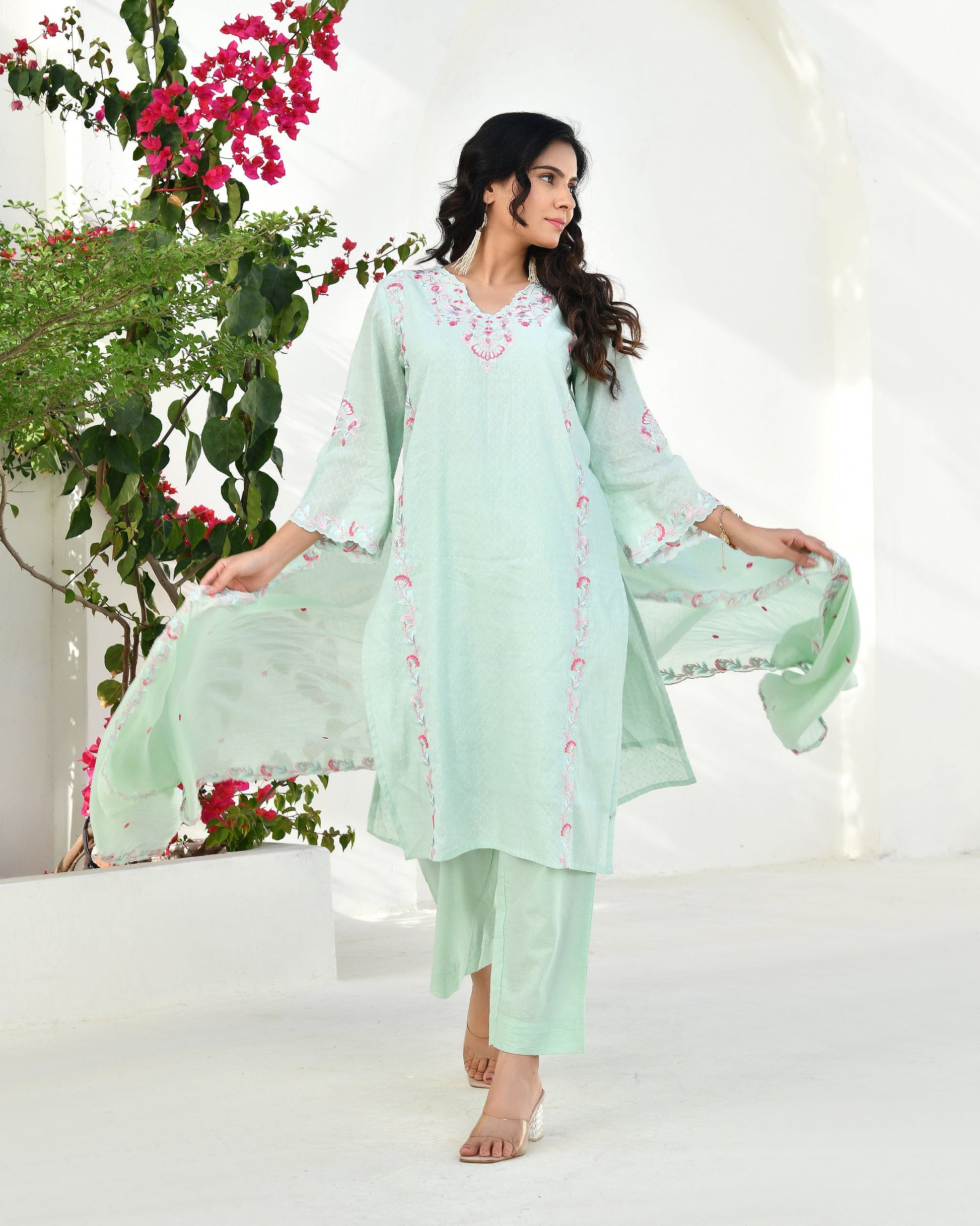 Ruhani Floral Cotton Kurta Set - AQUA MINT