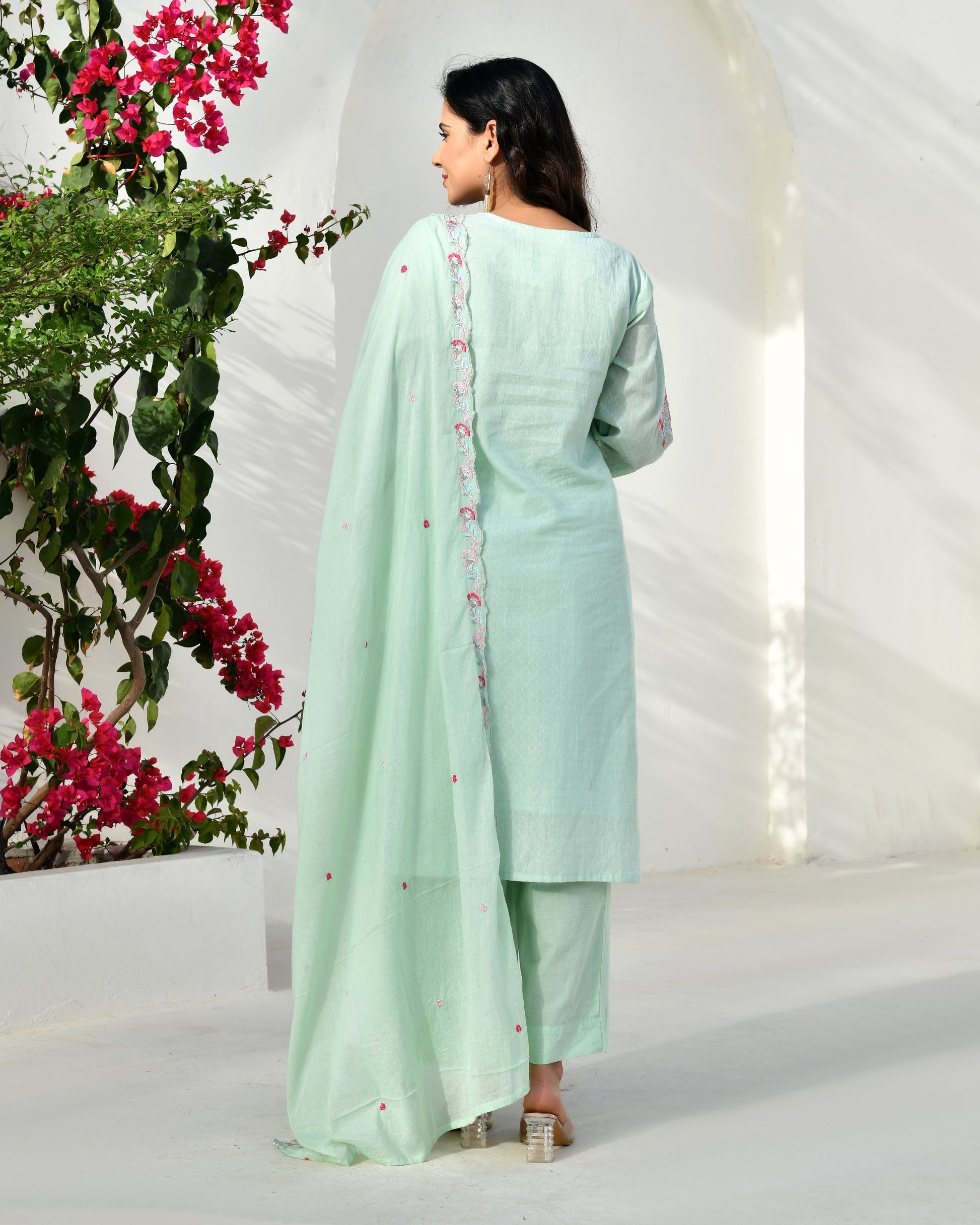 Ruhani Floral Cotton Kurta Set - AQUA MINT