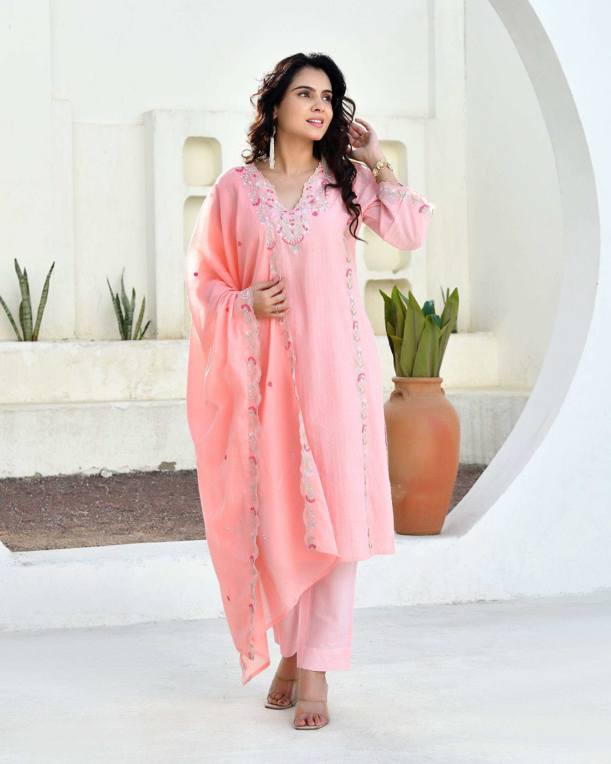 Ruhani Floral Cotton Kurta Set - PEACH PINK