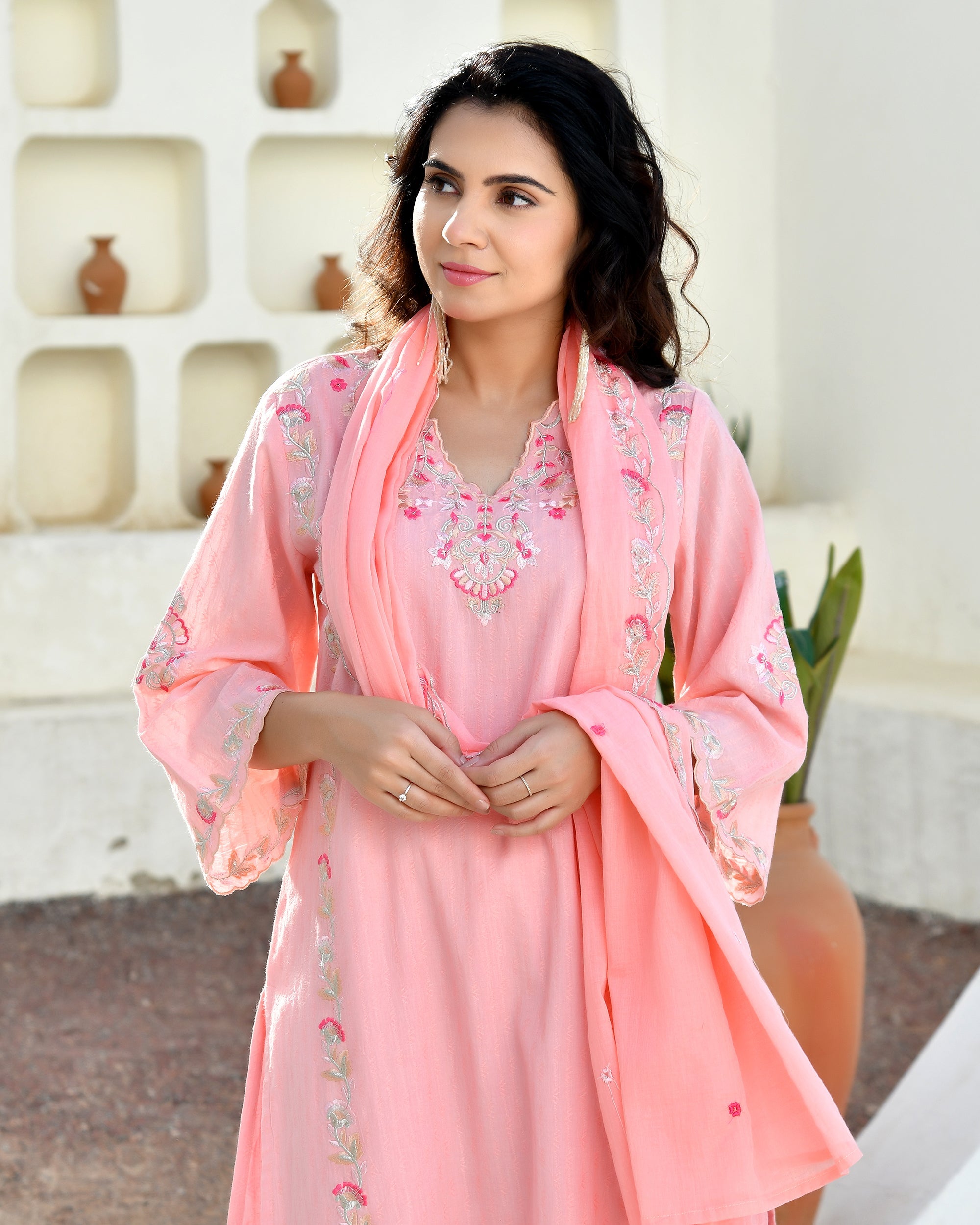 Ruhani Floral Cotton Kurta Set - PEACH PINK