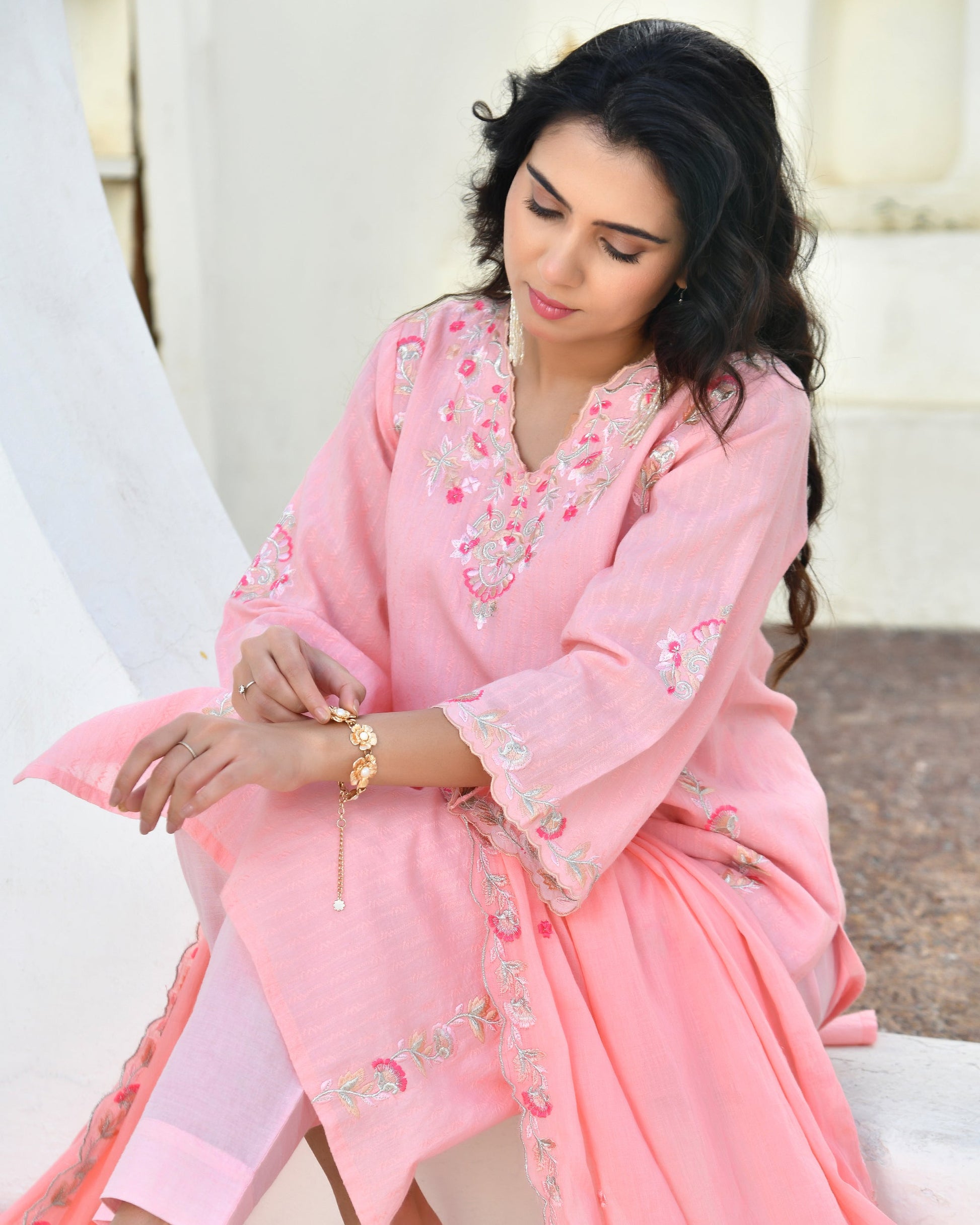 Ruhani Floral Cotton Kurta Set - PEACH PINK