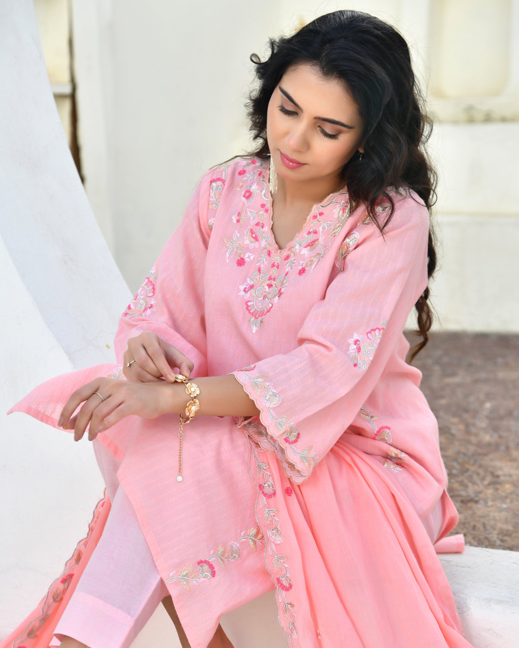 Ruhani Floral Cotton Kurta Set - PEACH PINK