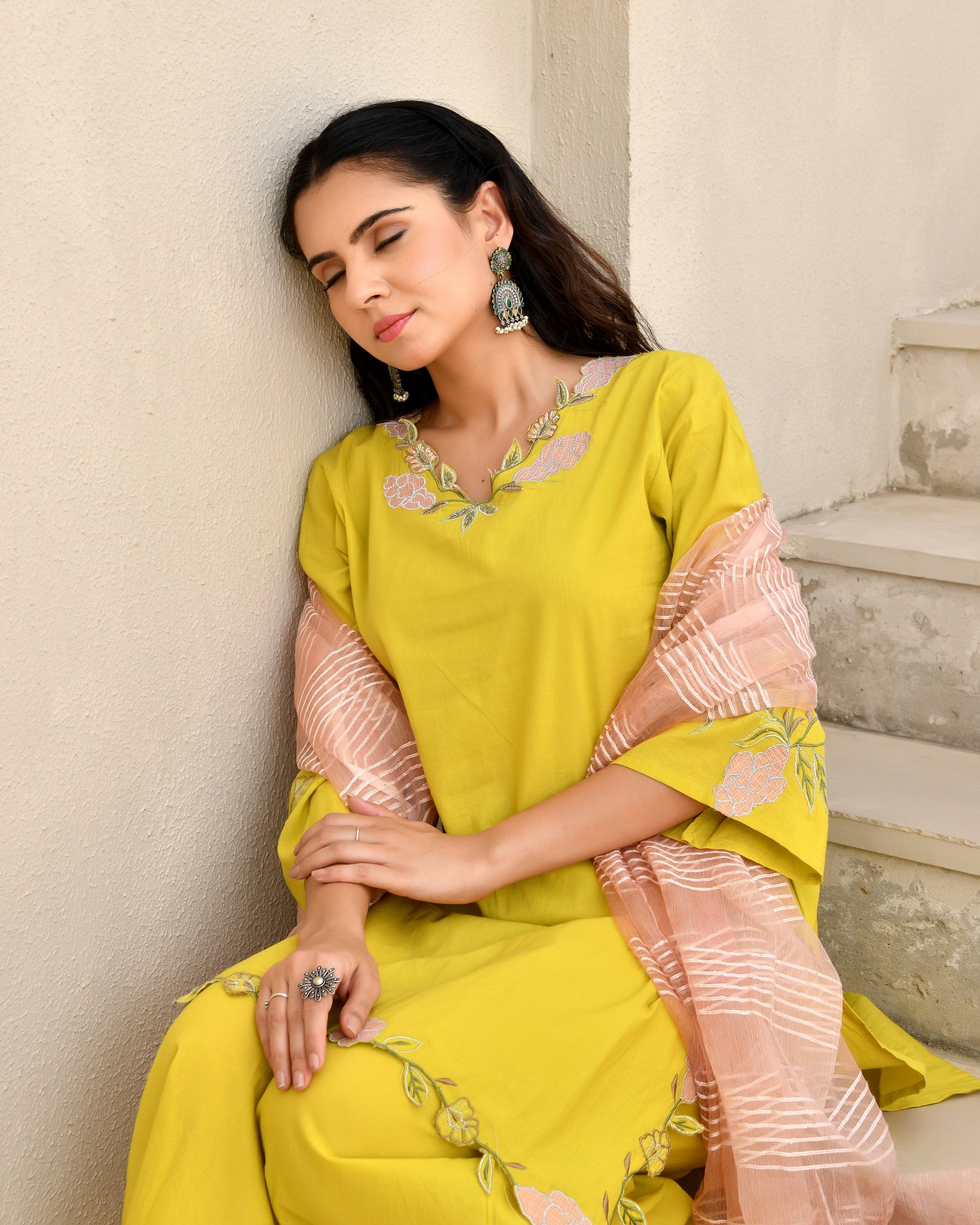 Kuhu Mustard Cotton Applique Kurta Set