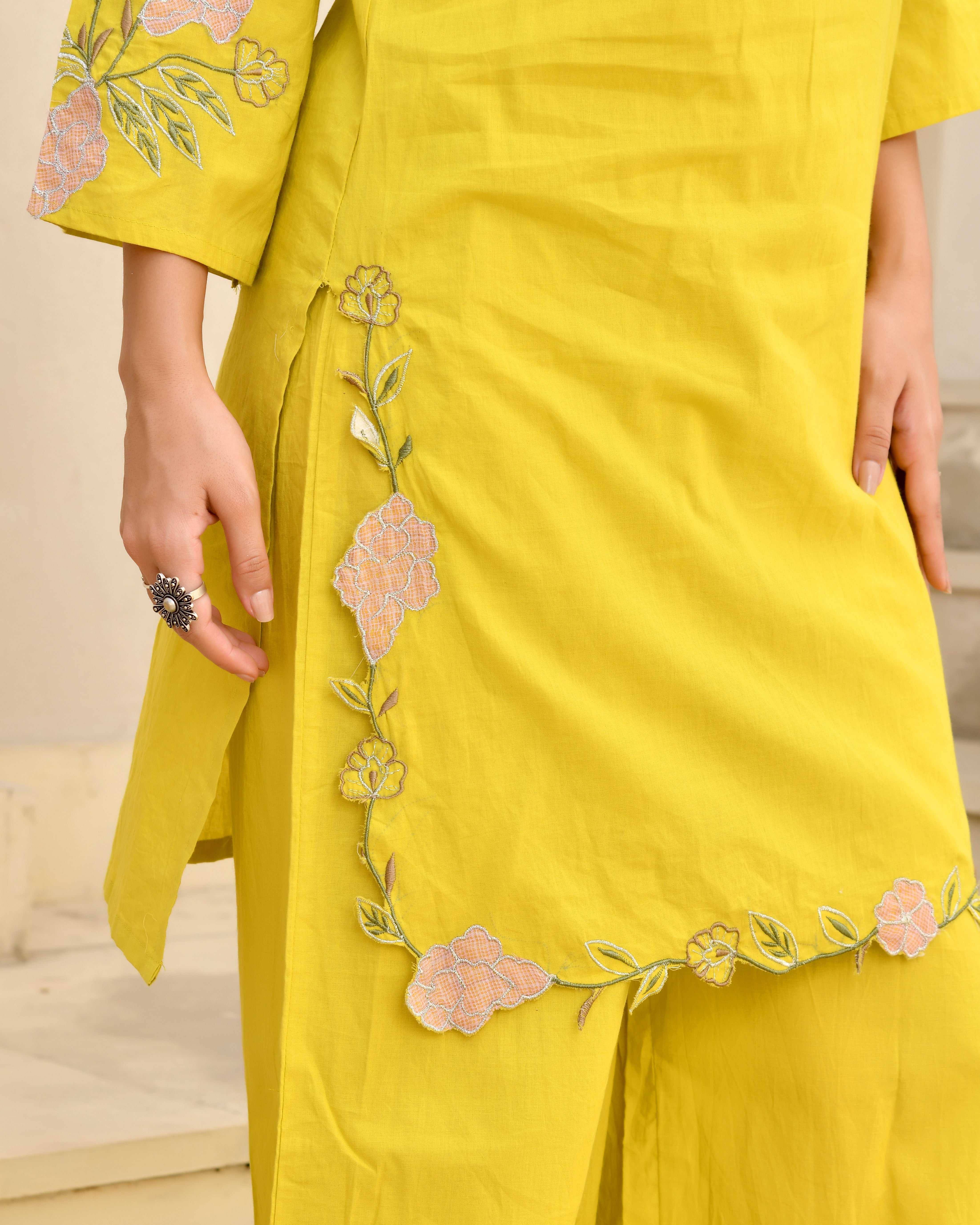 Kuhu Mustard Cotton Applique Kurta Set