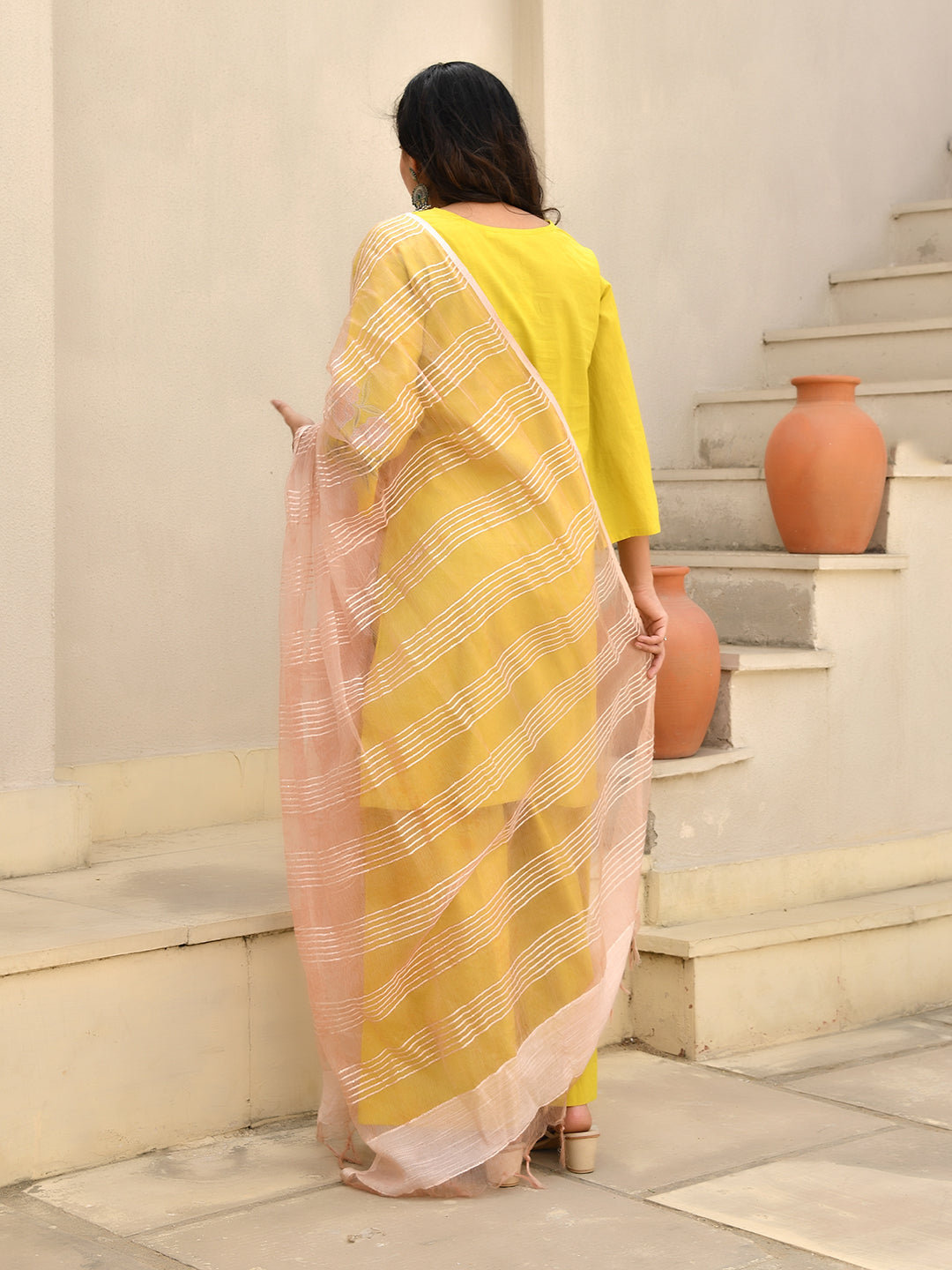 Kuhu Mustard Cotton Applique Kurta Set