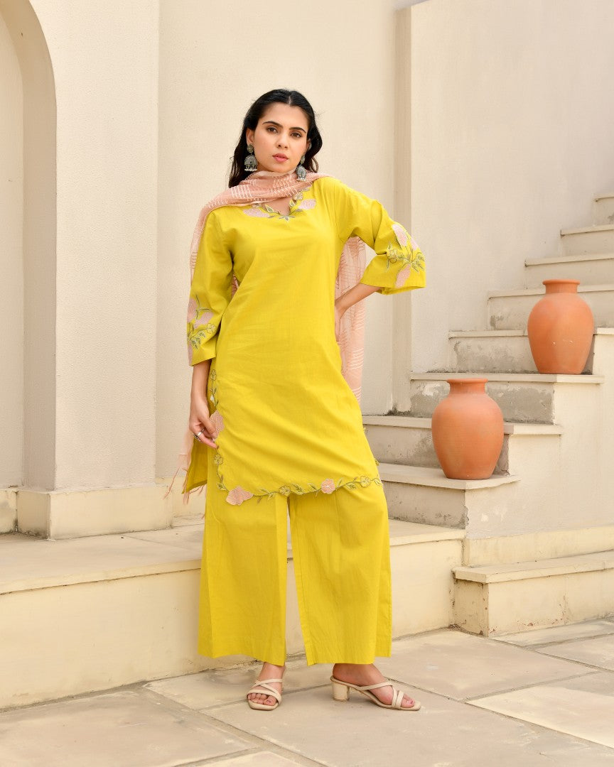 Kuhu Mustard Cotton Applique Kurta Set