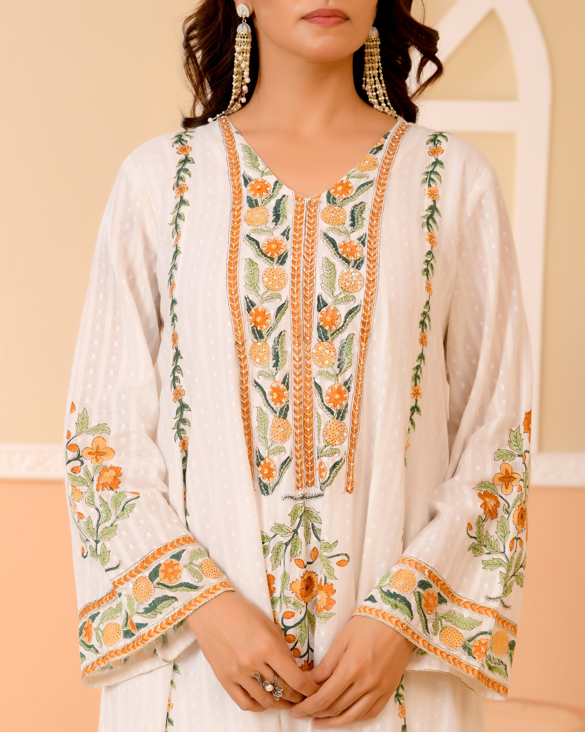 Suhani Ivory Floral Handblock Printed Cotton Kurta Set