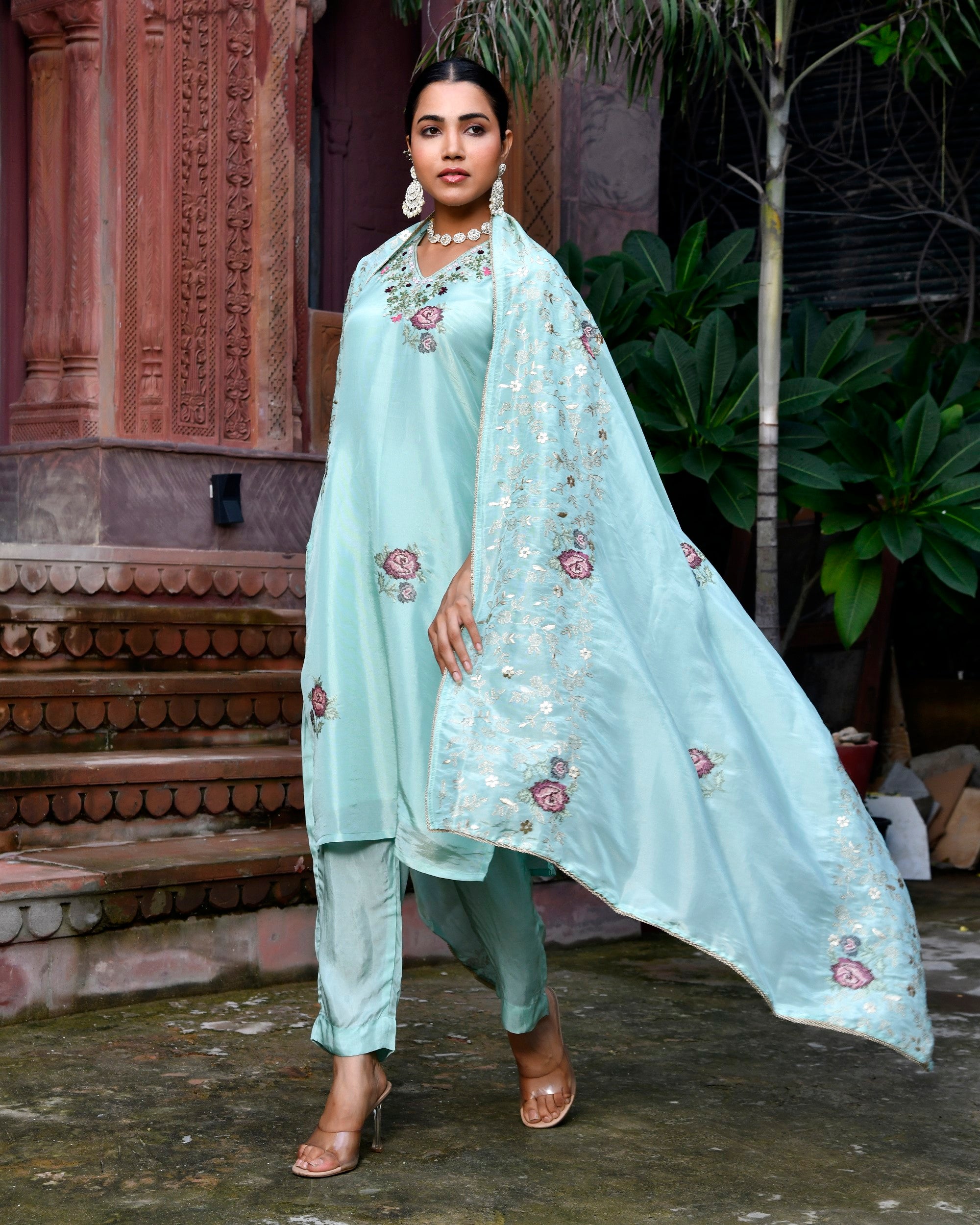 Tara Floral Embroidered Kurta Set with Dupatta - SKY BLUE