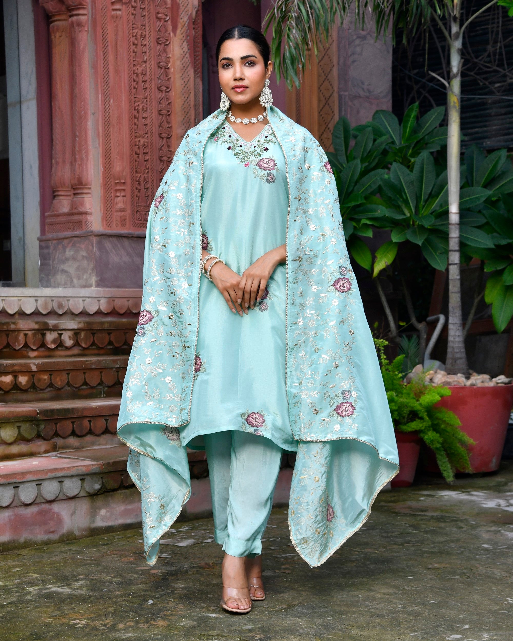 Tara Floral Embroidered Kurta Set with Dupatta - SKY BLUE