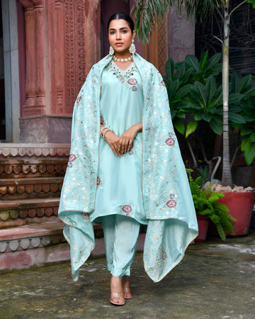 Tara Floral Embroidered Kurta Set with Dupatta - SKY BLUE