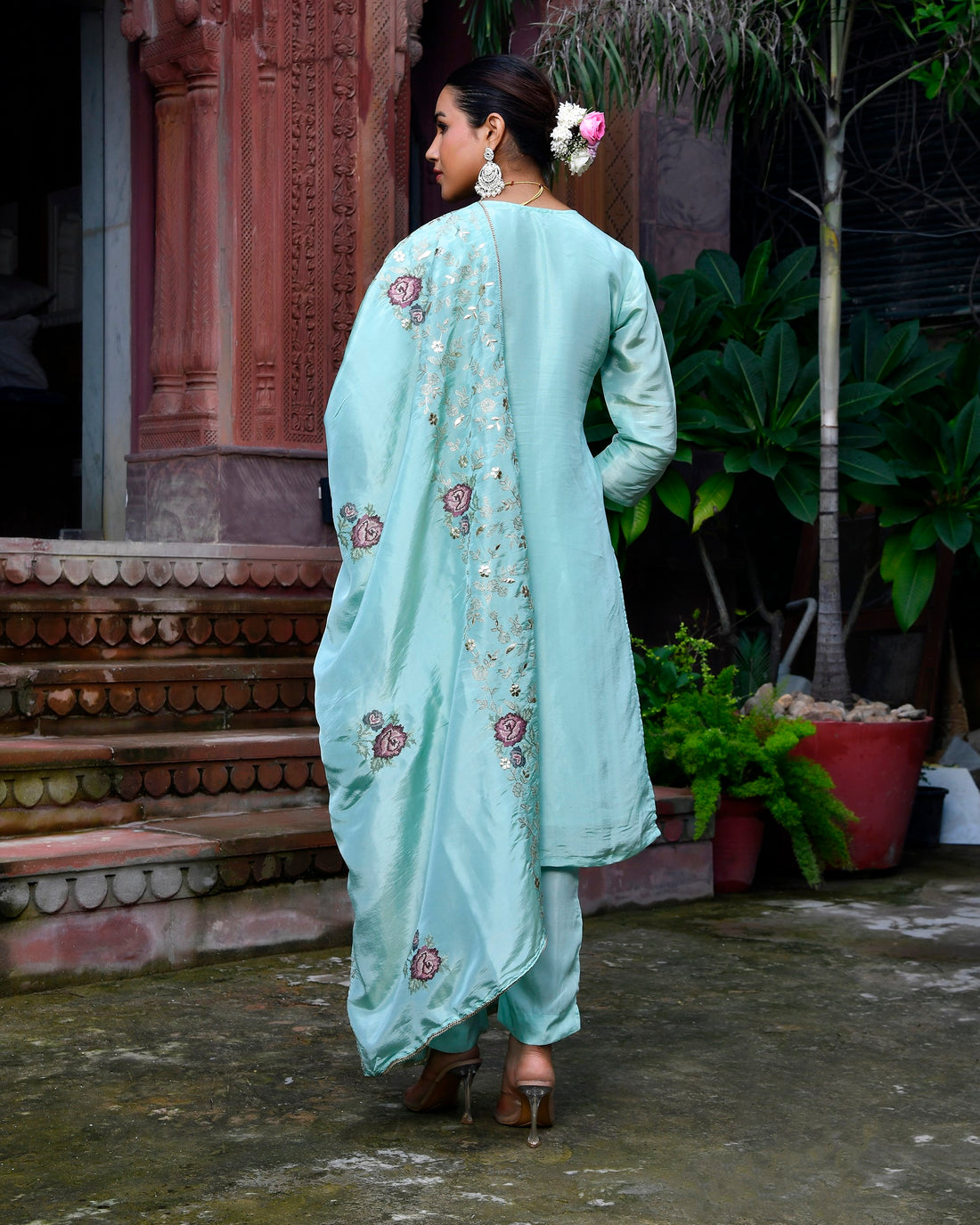 Tara Floral Embroidered Kurta Set with Dupatta - SKY BLUE