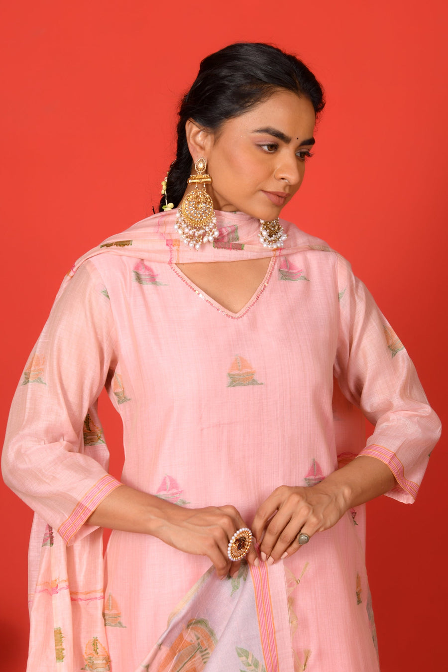 Riva Pink Jamdani Kurta Set with Trousers & Dupatta