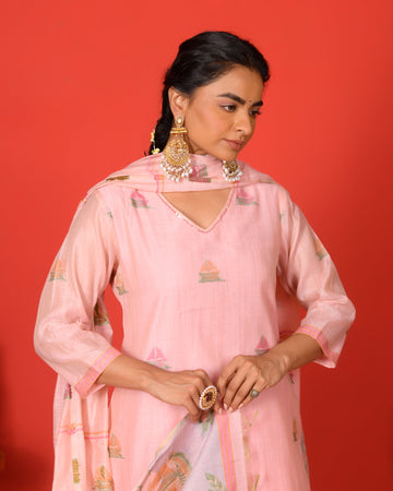 Riva Pink Jamdani Kurta Set with Trousers & Dupatta