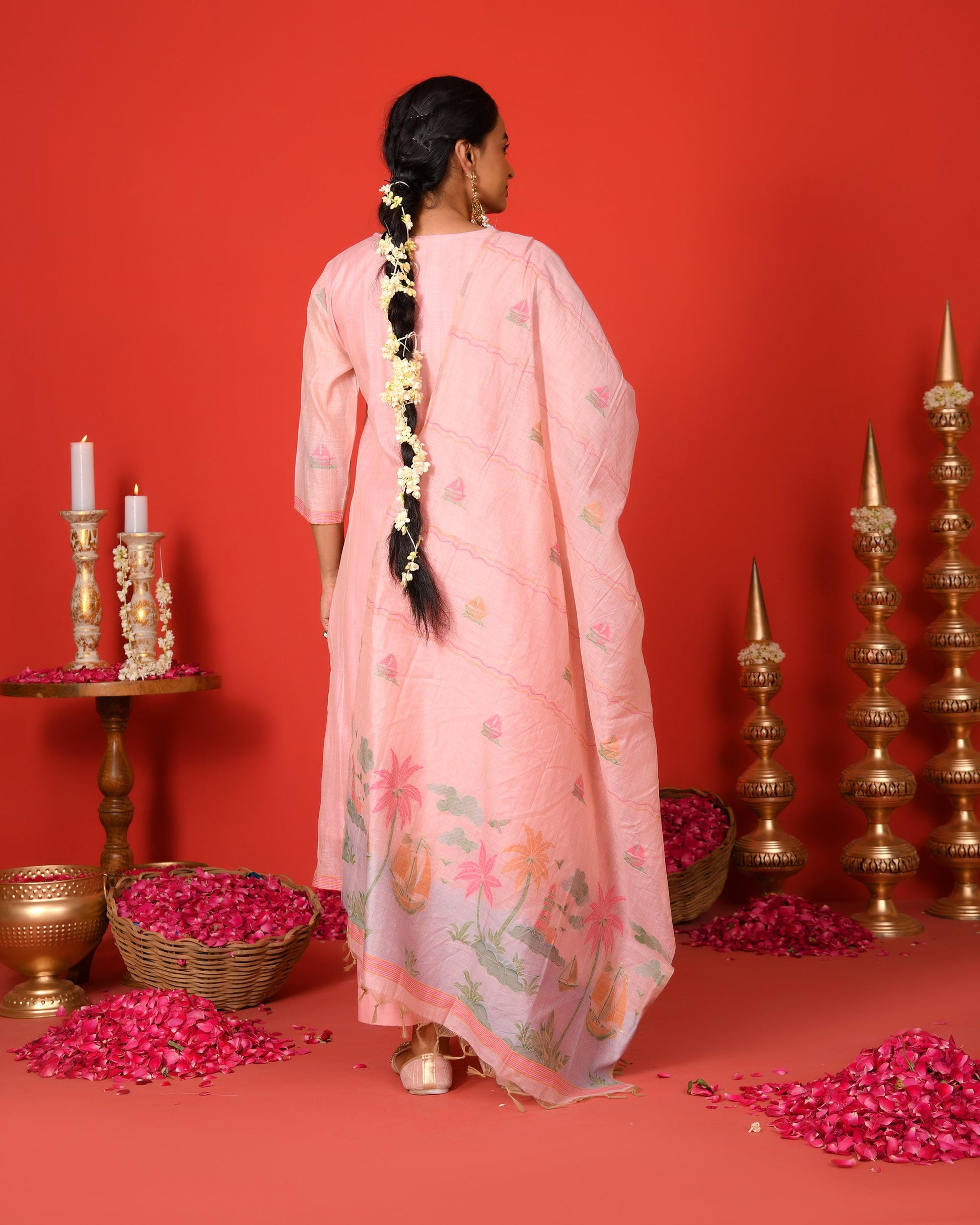 Riva Pink Jamdani Kurta Set with Trousers & Dupatta