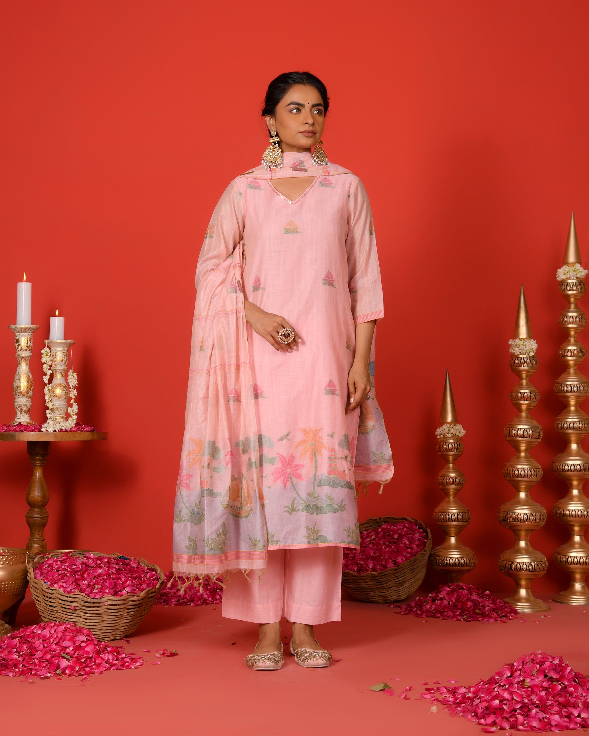 Riva Pink Jamdani Kurta Set with Trousers & Dupatta