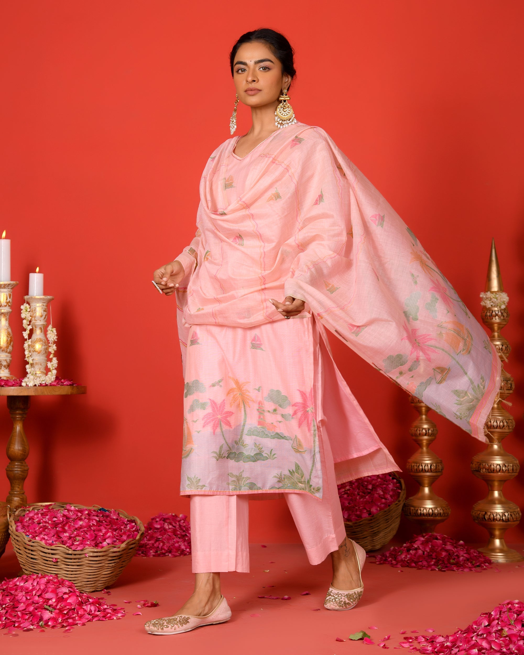 Riva Pink Jamdani Kurta Set with Trousers & Dupatta